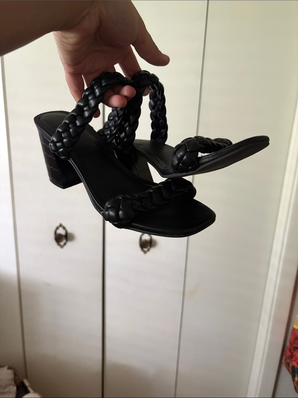 Braided Strap Black Block Heel Sandals
